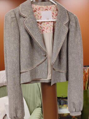 Rebecca Taylor Wool Blend Cropped Blazer Jacket Satin Trim Gray Size 12
